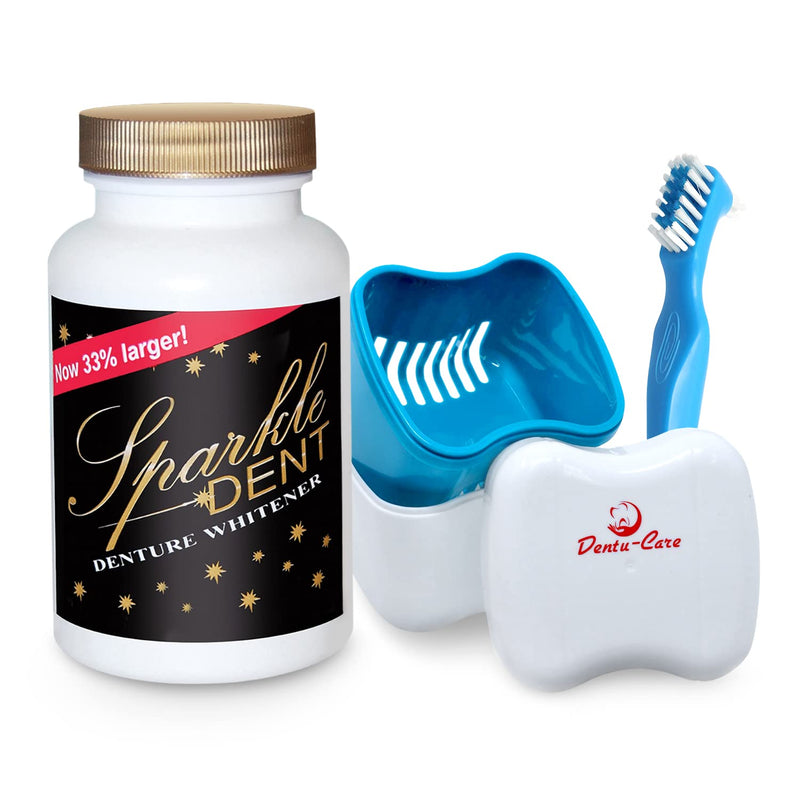 [Australia] - Denture Cleaner Whitener Bundled with Dentu-Care Denture Brush and Denture Case Cup With Basket and Lid for Easy Storing Of Retainer Invisalign Mouthguard 
