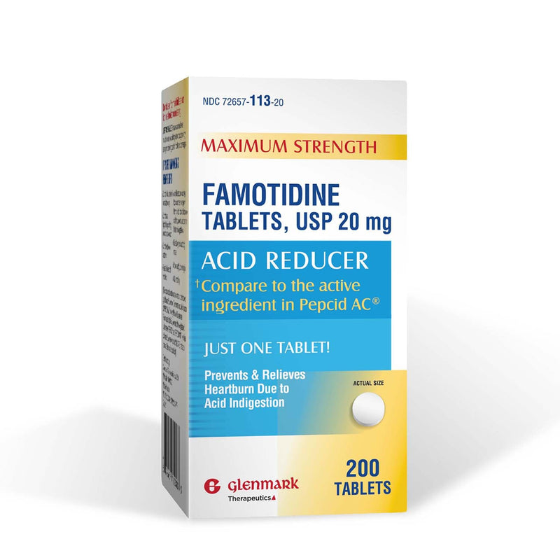 [Australia] - Glenmark Maximum Strength Famotidine Tablets, 20 mg, Acid Reducer for Heartburn Relief, 200 Count 