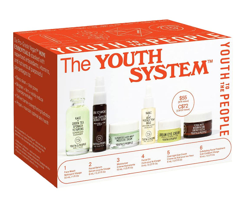 [Australia] - Youth To The People The Youth System - 6 Piece Set with Superfood Cleanser, Face Oil, Moisturizer, Vitamin C Serum, Eye Cream, Energy Facial - Vegan Skincare Kit 
