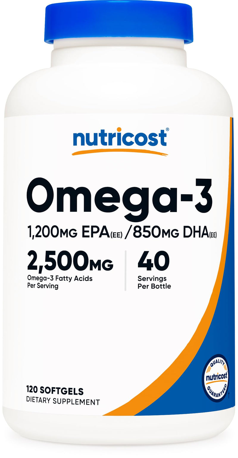 Nutricost Omega 3 Fish Oil (2500MG) 120 Softgels, 40 Servings | Fish Oil, Wild Caught! 1200mg EPA 850mg DHA, GMO-Free, Gluten Free 120 Count (Pack of 1)
