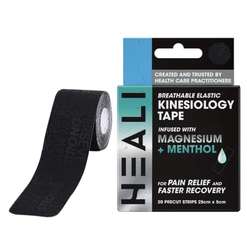 [Australia] - Heali Kinesiology Tape with Magnesium and Menthol, 20 Pcs Precut Strips, K Tape Roll, Knees, Physical Therapy Sports Tape for Muscle and Joint Pain Relief, Water Resistant, Black Inspiration 20pc Black W/ Inspirational Words 