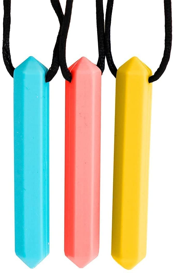 [Australia] - Tilcare Chew Chew Pencil Sensory Necklace 3 Set - Best for Kids or Adults That Like Biting or Have Autism – Perfectly Textured Silicone Chewy Toys - Chewing Pendant for Boys & Girls - Chew Necklaces light blue/red/yellow 
