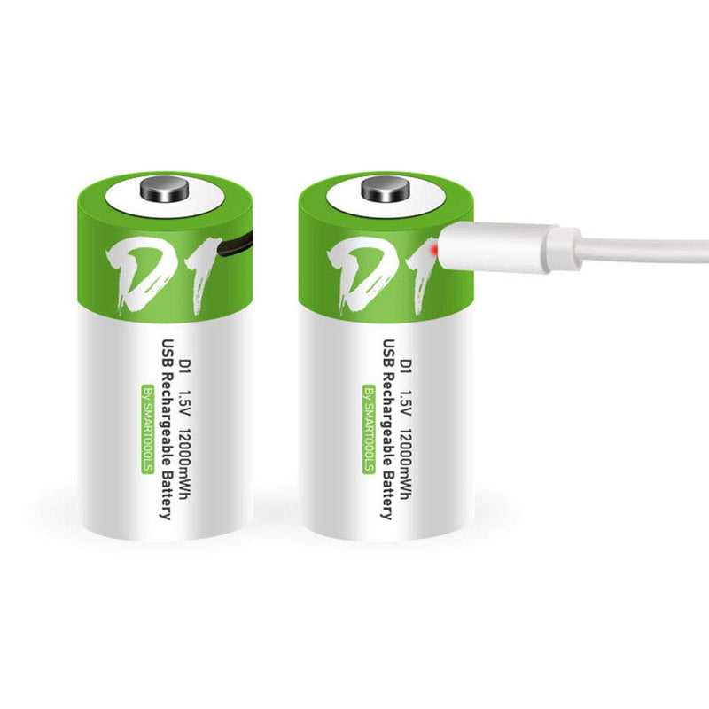 [Australia] - Rechargeable D Batteries 1.5V 12000mWh USB Lithium ion Rechargeable D Battery with USB Type C Charging Cable, High Capacity Fast Charge, 1200 Cycles Constant Output, Over-Charge Protection,2-Pack 2* D battery 