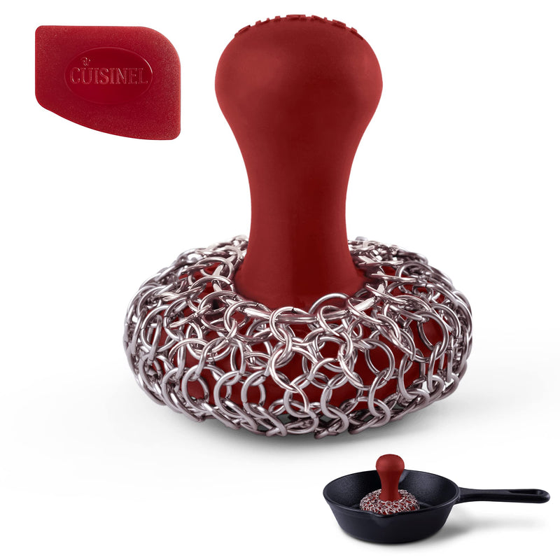 [Australia] - Cuisinel Cast Iron Chainmail Scrubber + Pan Scraper - The Patented Original Ergonomic Stainless & Silicone Pot & Skillet Cleaner - Premium Food-Safe Design - Easy Clean Dishwasher Safe Cookware Sponge Standard Red Chainmail + Scraper 