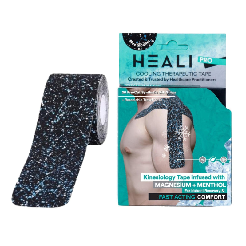[Australia] - Heali Kinesiology Tape with Magnesium and Menthol, 20 Pcs Precut Strips, K Tape Roll, Knees, for Physical Therapy, Sports, Muscles and Joints, Water Resistant, Blue Splatter 20pc Roll: Splatter Paint 