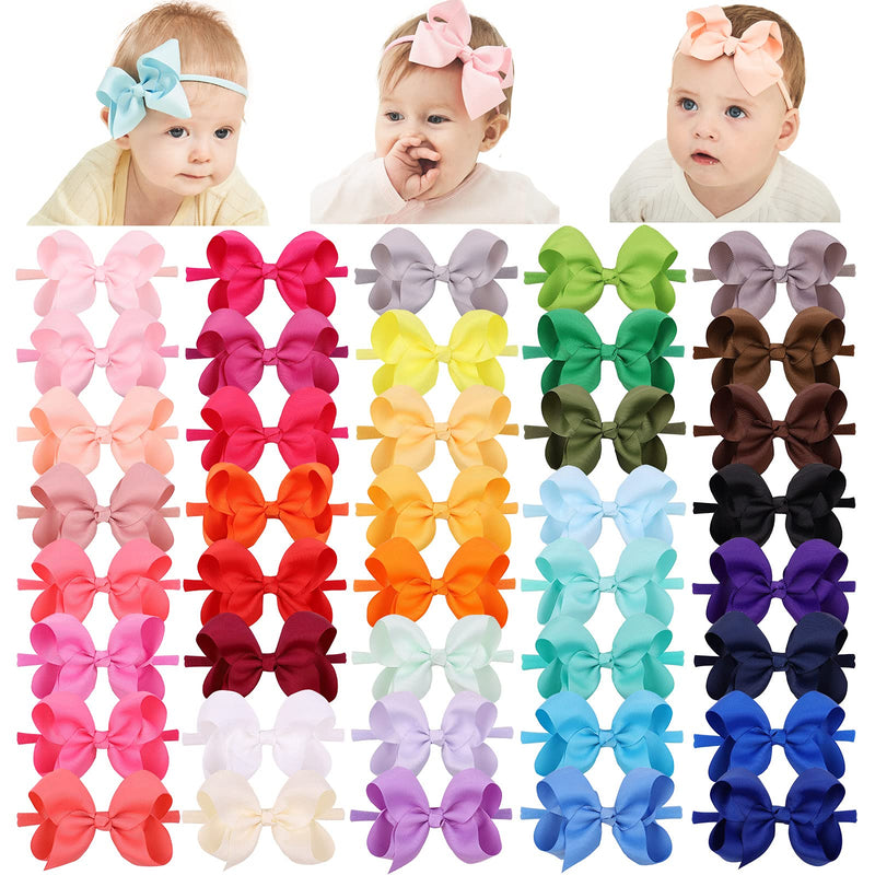 [Australia] - jollybows 40pcs 4inches Baby Girls Grosgrain Ribbon Hair Bows Headbands Nylon Elastic Hair Band Hair Accessories for Infants Newborn 2- 40pcs nylon bows for baby girls 