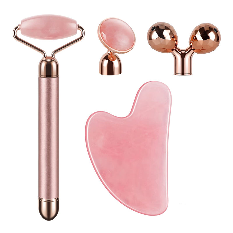 [Australia] - 4-in-1 Face Massager and Gua Sha Set for Women, Rose Quartz Face Roller Skin Care Tools Electric Eye Massager Tool for Face Skin Roller 
