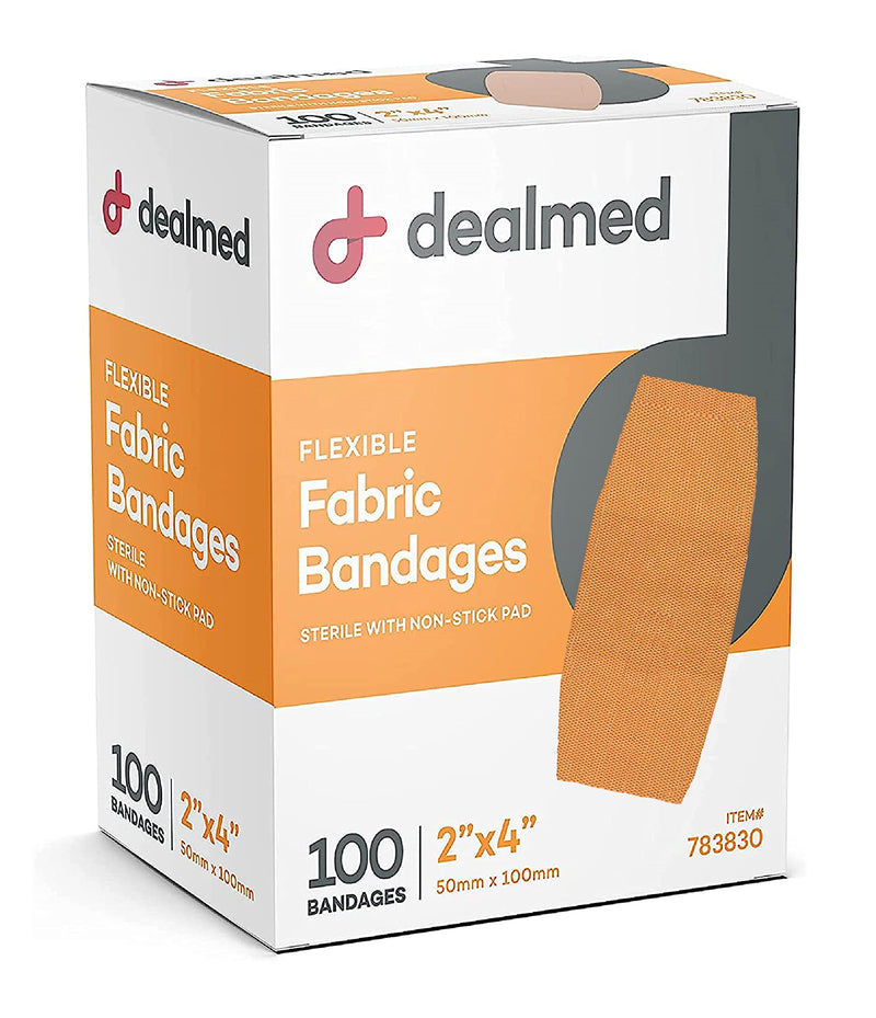 [Australia] - Dealmed Fabric Flexible Adhesive Bandages with Non-Stick Pad, Latex Free, Wound Care for First Aid Kit, 2" x 4" (Box of 100) 2" x 4" 100 Count 