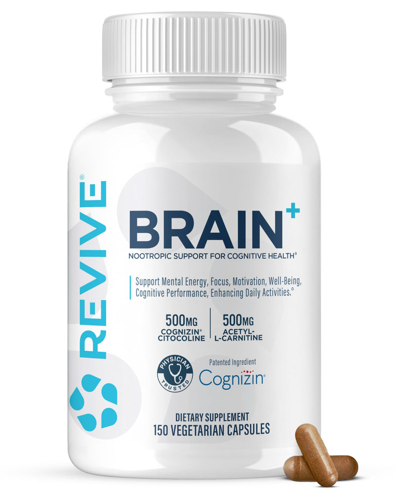 Revive MD Brain Supplement for Memory & Focus – Stimulant-Free Nootropic Formula for Cognitive Health with Niacin, Vitamins B6 & B12, Acetyl-L-Carnitine HCL & Alpha-GPC – 150 Capsules (30 Servings)