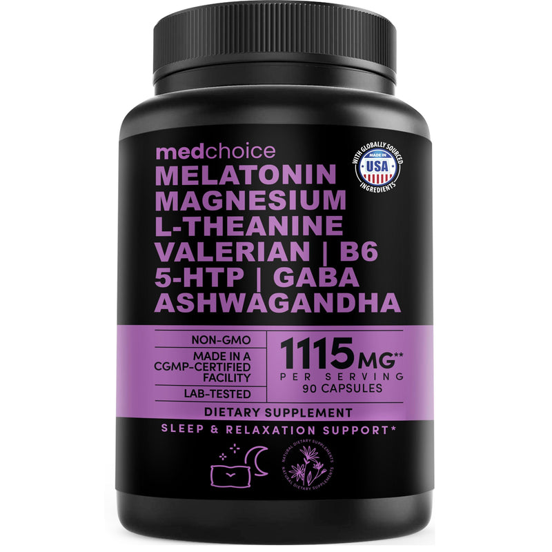 MEDCHOICE 12-in-1 Melatonin 5mg Sleep Capsules with Magnesium, 90ct | Nighttime Relaxation Support, Melatonin 5mg with Magnesium Glycinate, Ashwagandha and GABA, Sleep Supplement 90 Count (Pack of 1)