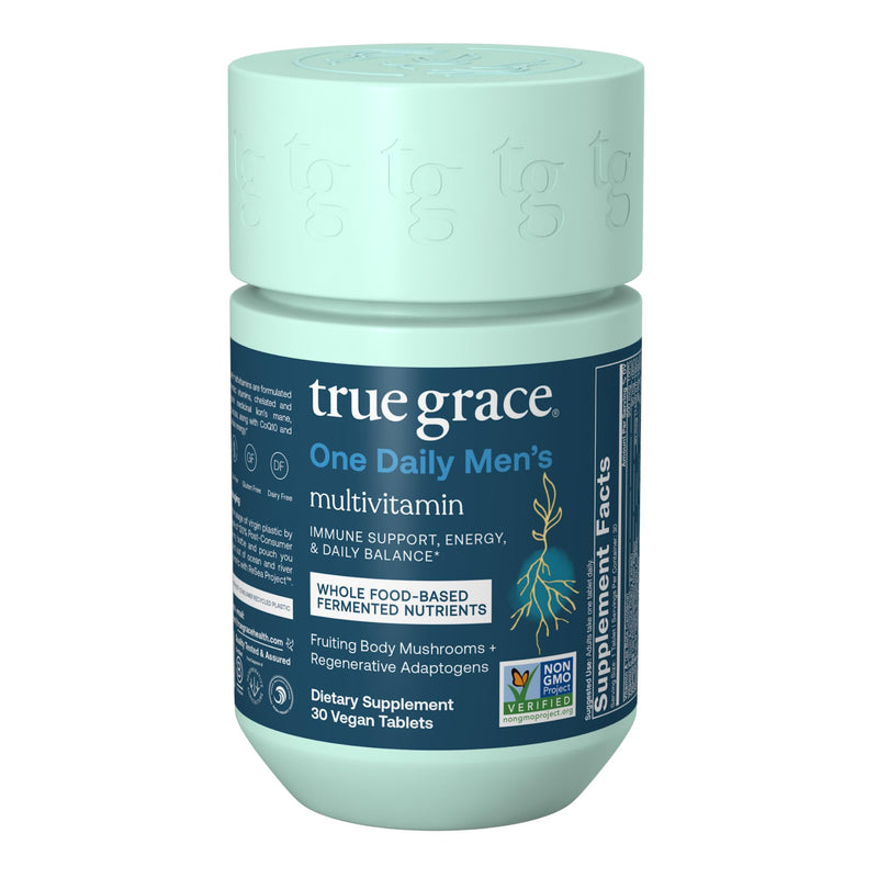 True Grace One Daily Men’s Multivitamin Fermented Minerals, Organic Adaptogens & Mushrooms Whole Body Balance Immune, Endurance, Bone & Heart Support - Non-GMO, Gluten Free - 30 Vegan Tablets 30 Day Supply