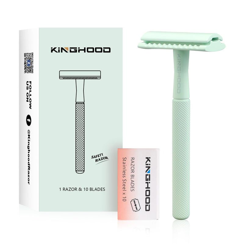 KINGHOOD Safety Razor for Women with 10 Double Edge Razor Blades, Single Blade Razors for Women and Men, Resuable razor, Plastic Free - Green Green a
