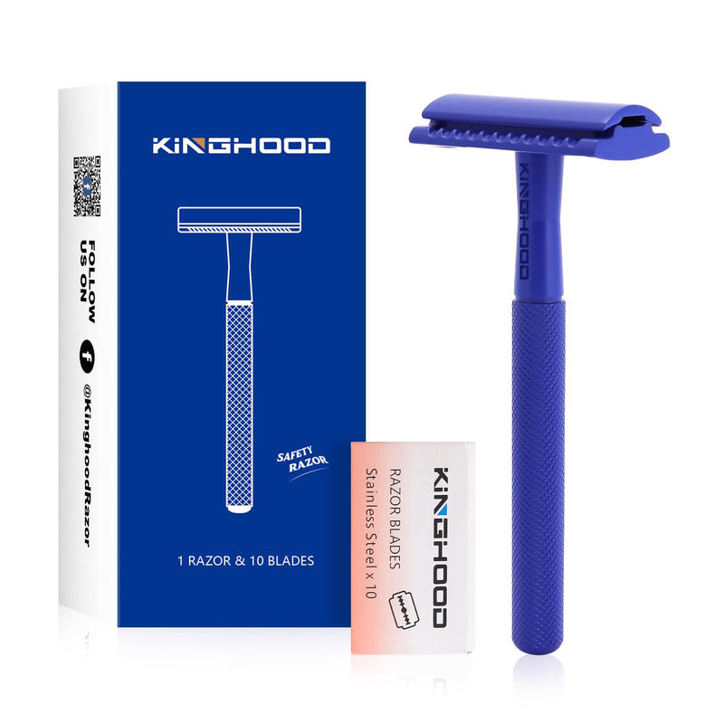 [Australia] - KINGHOOD Double Edge Safety Razor, Single Blade Razor with 10 Premium Blades, Metal Shaving Razor for Women and Men, Deep Blue Blue a 