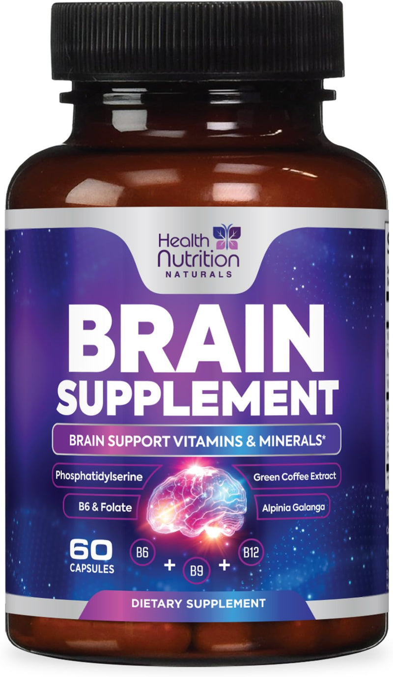 Brain Memory Supplement - 3X Strength Nootropics for Concentration, Clarity & Focus Support - Brain Health Cognitive Vitamins B6 & B12 with Phosphatidylserine & Folate, Brain Booster, 60 Capsules 60 Count (Pack of 1)