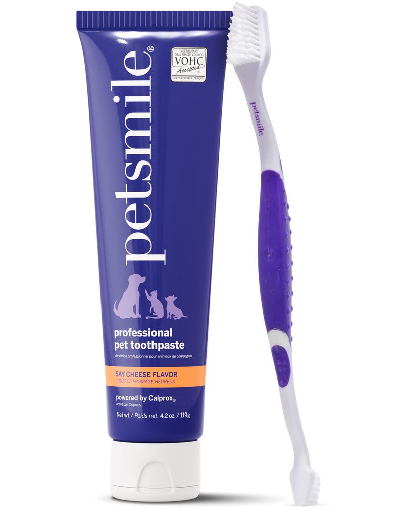 [Australia] - Petsmile Professional Pet Teeth Brushing Kit for Cats & Dogs - Only VOHC Accepted Toothpaste & Patented Toothbrush - Proven to Control Plaque & Tartar Calprox Formula (Say Cheese, 4.2 Oz) Say Cheese 4.2 Ounce (Pack of 1) 