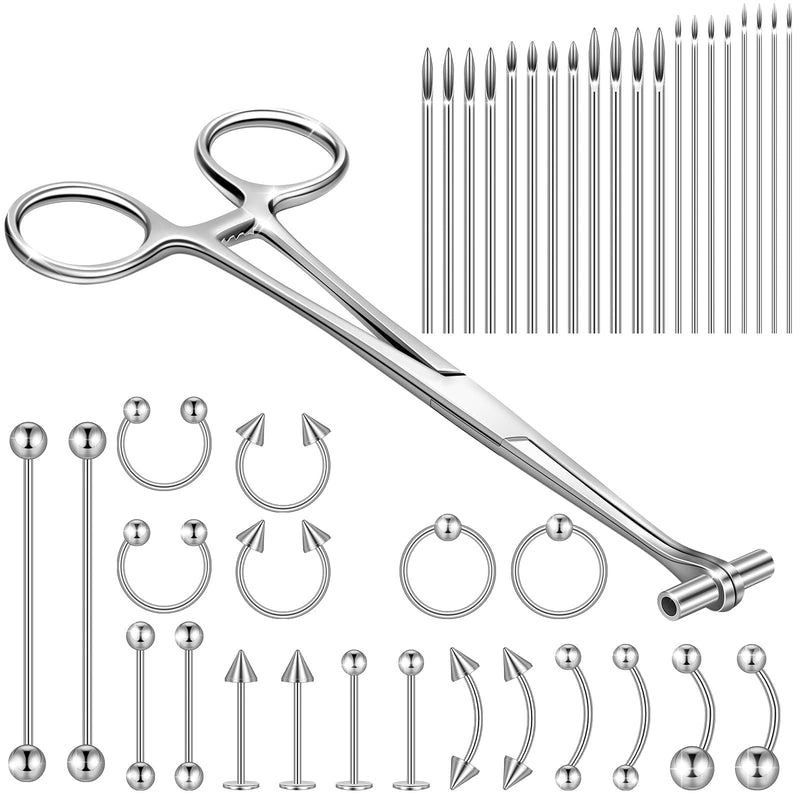 [Australia] - 41 Pieces Body Piercing Tool Kit Include Septum Forceps Clamp Pliers 20 Pcs 316L Stainless Steel Piercing Needles and 20 Pcs Nose Ring Hoop Jewelry for Ear Lip Belly Navel Tongue (Classic Style) 