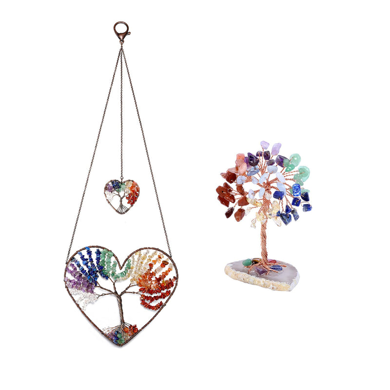 Jovivi Bundle - 2 Items Double Heart Tree of Life Hanging Ornament 7 Chakra Reiki Healing Crystals + 7 Chakra Healing Crystals Tree on Agate Slice Base