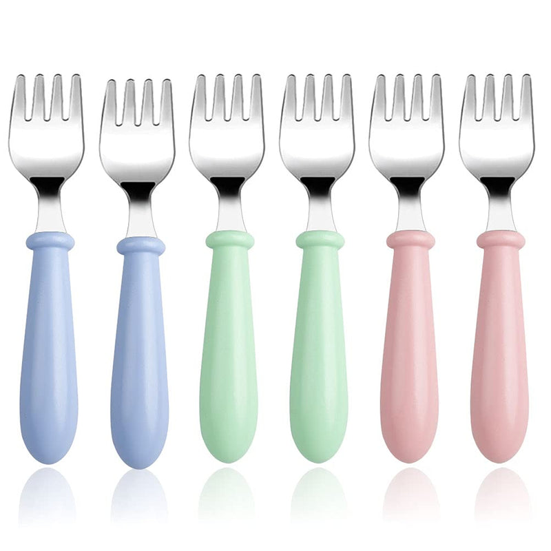 [Australia] - Pimoys 6 Pieces Toddler Forks Baby Forks for Self Feeding, Kids Forks with Round Handle, Stainless Steel Toddler Utensils Children's Safe Silverware Set BPA Free, Dishwasher Safe blue/green/pink 