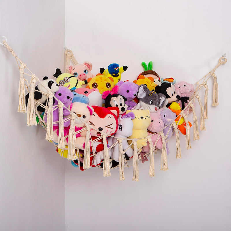 [Australia] - Stuffed Animals Hammock Corner Hanging Net with Wooden Beads Macrame Stuffed Animal Storage Ideas Plush Holder Toy Organizer for Boho Nursery Playroom Bedroom Kids Room Decor (cream, X-Large) cream 