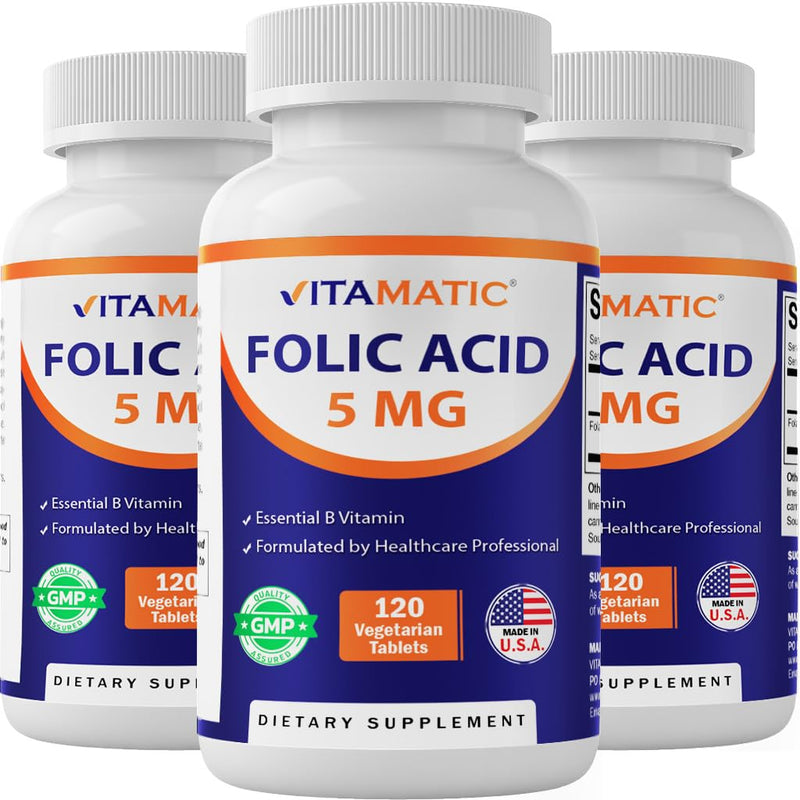 Vitamatic Folic Acid 5 mg (5,000 mcg), 120 Vegetarian Tablets (3 Pack) | 8,333 mcg DFE Foalte, Support Red Blood Cell Formation*, Heart & Nervous System Health*, Non GMO, Gluten Free, Made in USA