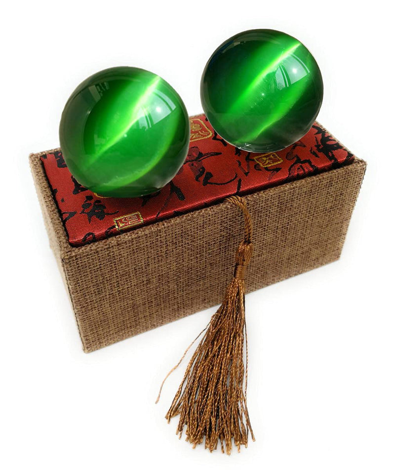[Australia] - 2 Inch Green Artificial Cat Tiger Eye Crystal Baoding Balls, Hand Therapy Balls, Stress Balls to Relief Stress, Chinese Meditation Balls with Carry Pouch (Box-Packed) M20 #1 