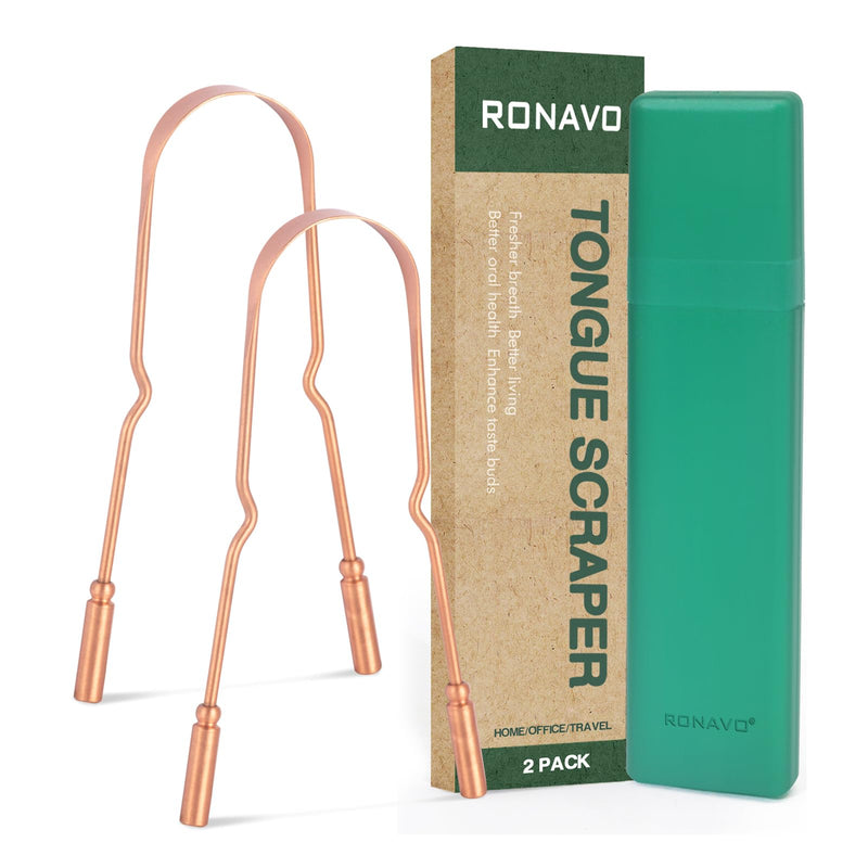 [Australia] - RONAVO Copper Tongue Scraper for Adults (2 Pack), 100% Pure Copper, Naturally Anti-Microbial, Banishes Bad Breath and Maintains Oral Hygiene, Tongue Cleaner with Travel Case, Easy to Use and Clean 