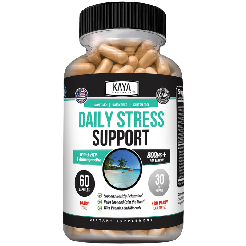 Kaya Naturals Daily Stress Support with Ashwagandha & GABA, 60 Capsules | Ashwagandha, GABA & L-Theanine, Rhodiola, Lemon Balm & Valerian, B Vitamins, Magnesium & Zinc, Daily Calm Support 1 Count (Pack of 60)