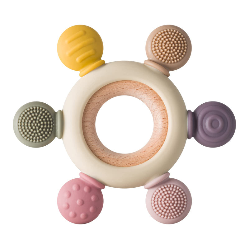 [Australia] - Baby Teething Toys Silicone Teethers BPA Free Silicone Rudder with Wooden Ring Soothe Babies Gums (Khaki) Khaki 