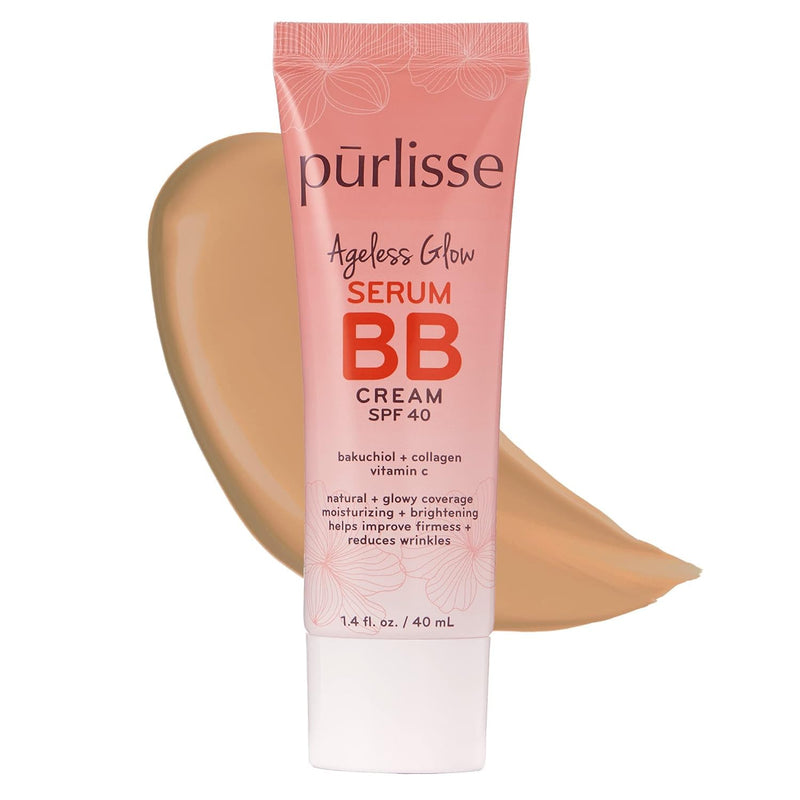 pūrlisse Ageless Glow Serum BB Cream SPF 40 - Glowy Tinted Moisturizer with SPF - Korean Skin Care Formula with Vitamin C & Bakuchiol to Firm, Brighten & Even Skin - Medium (1.4 oz) 1.4 Ounce (Pack of 1)