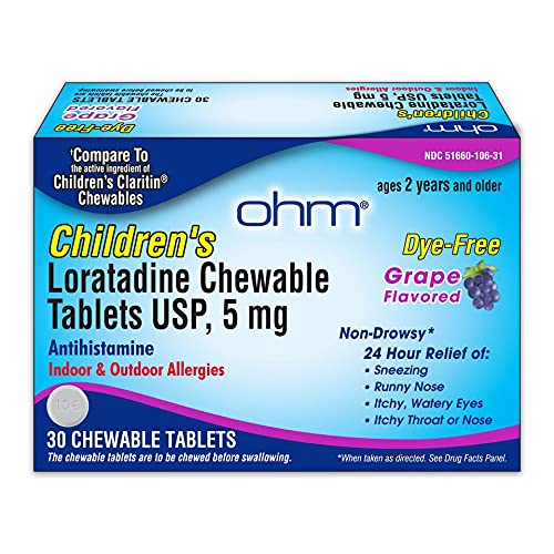[Australia] - Ohm Children’s Chewable Tablets, Dye Free, Grape, Non-Drowsy 24h Relief of Sneezing, Runny Nose, Itchy Watery Eyes, Itchy Throat or Nose, Antihistamine, Indoor & Outdoor Allergies, 5mg, 30 Tablets 