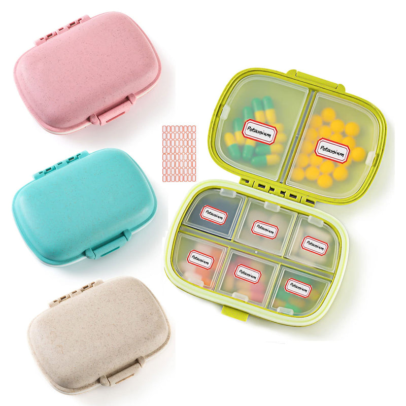 4 Pack Travel Pill Organizer, 8 Compartments Small Pill Box Daily Pill Case | for Medicine, Vitamin, Supplement Storage, Compact Pill Container for Pocket, Purse, Travel, Office, Home Use 4 Pcs 8-Compartment Pink+blue+green+beige
