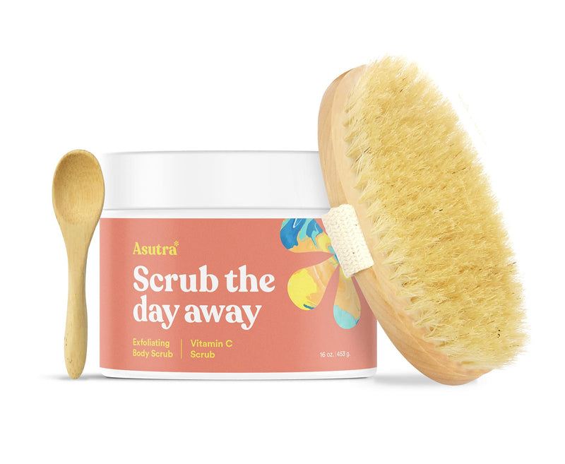 ASUTRA Dead Sea Salt Essential Oil Body Scrub Exfoliator and Dry Brush | Bundle (Vitamin C), 16 oz - Ultra Hydrating, Gentle, & Moisturizing - Coconut, Sweet Orange, Grapefruit, and Lemon Oils Vitamin C with Dry Brush