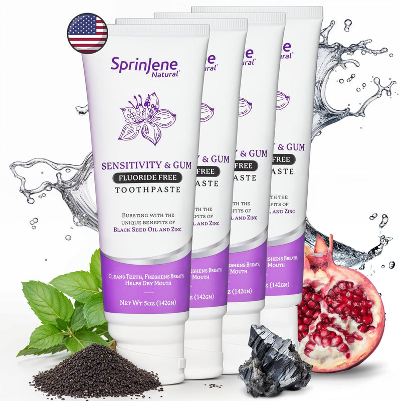 [Australia] - SprinJene Natural Fluoride Free Toothpaste for Sensitive Teeth & Gums – Patented Toothpaste with Black Seed Oil & Zinc – Vegan Dry Mouth Prevention for Fresh Breath – Made in The USA (4 Pack) Mint - Sensitivity & Gum Pack of 4 