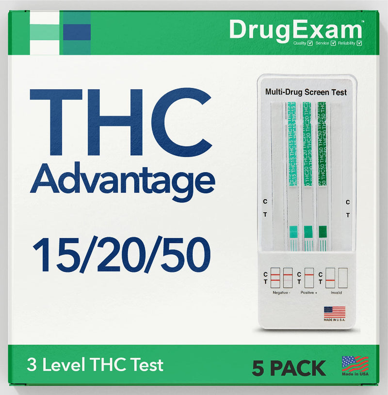 5 Pack - DrugExam THC Advantage Made in USA Multi Level Marijuana Test Kit. Highly Sensitive THC 3 Level Screening Kit. Detects at 50 ng/mL, 20 ng/mL, 15 ng/mL 5 Count (Pack of 1)