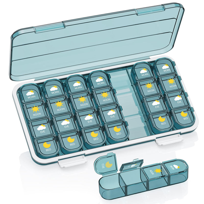 Acedada Pill Organizer 4 Times A Day, Weekly Travel Pill Box 7 Day, Blue | Large Medicine Organizer Box, Pill Case 4X A Day, Easy to Open, Daily Pill Holder Container for Vitamin, Fish Oil Supplements
