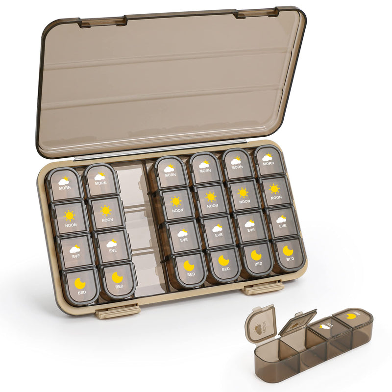 Acedada Pill Organizer 4X A Day, 7 Day Pill Box 4 Times A Day, Brown | Large Weekly Pill Box, Travel Medicine Organizer Case, Easy to Open, Daily Pill Container for Vitamin, Fish Oil, Supplements