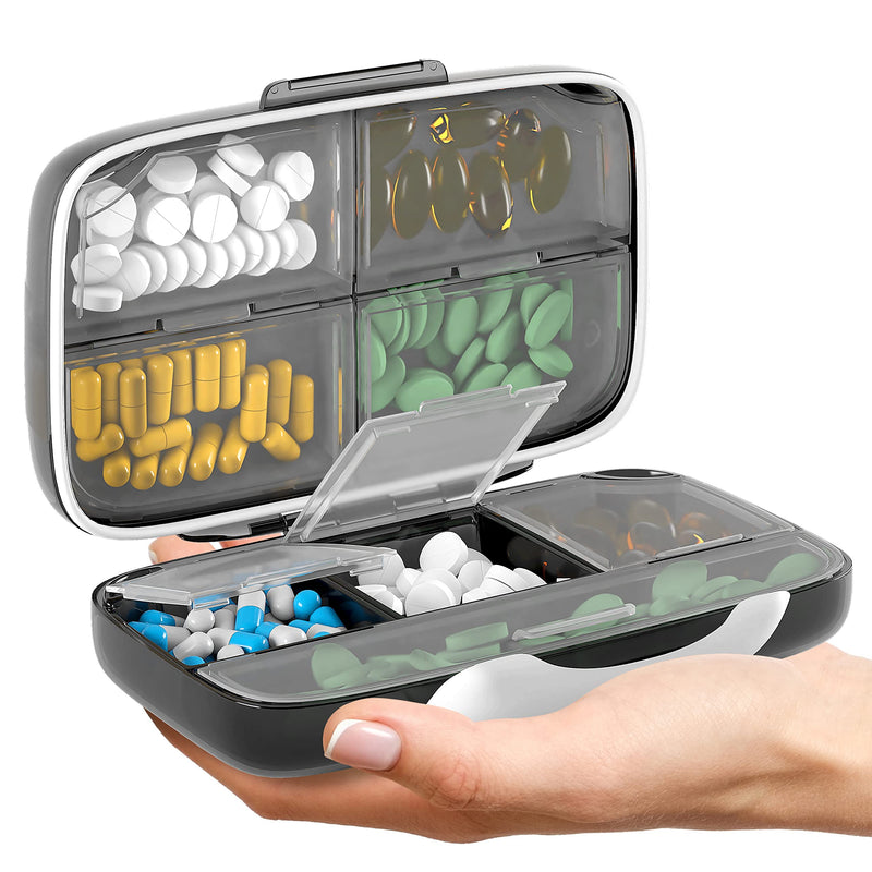 [Australia] - Airtight Pill Organizer Box Large Pill Dispenser Home Travel Essentials Supplement Holder Portable Vitamin Sorter Jumbo Size 8 Compartment Container Daily Medicine Black 