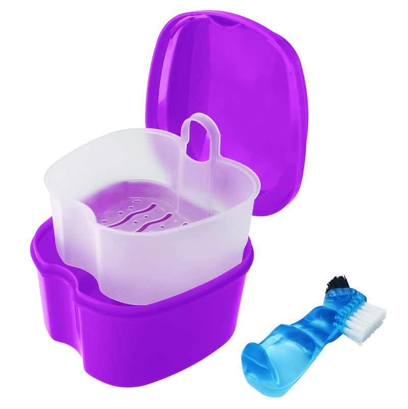 [Australia] - Colorful Denture Bath Case with Brush, Denture Cup Soaking Holder False Teeth Container Mouth Guard Storage Case Cleaning with Lid Waterproof - Purple 
