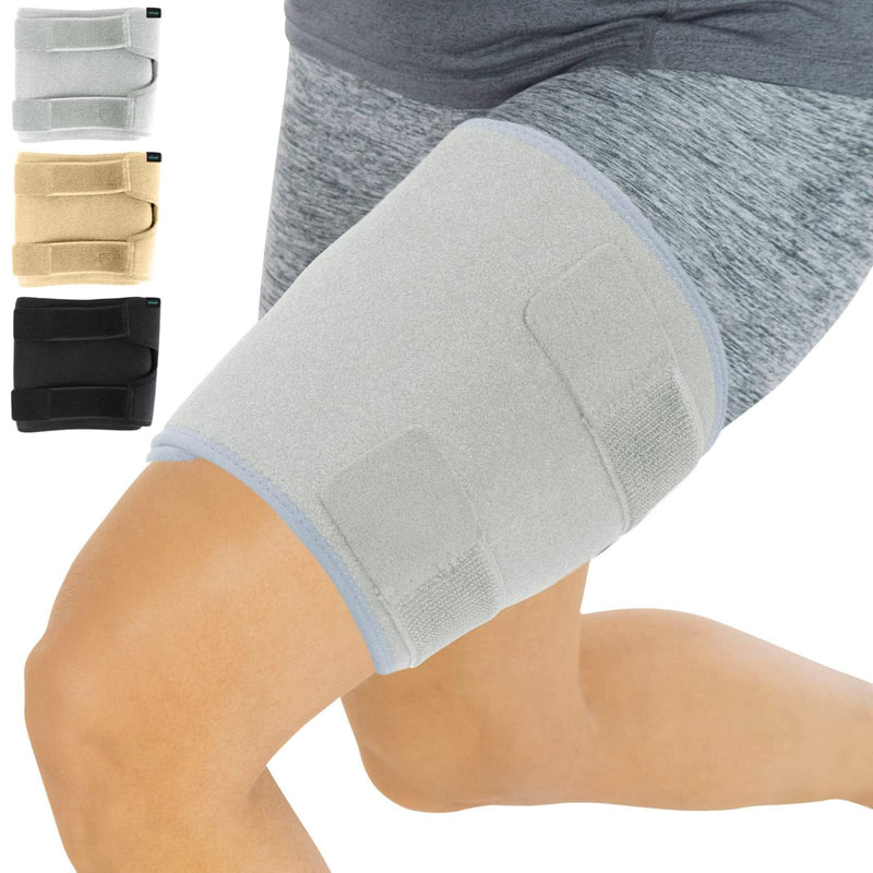 [Australia] - Vive Thigh Brace - Hamstring Quad Wrap - Adjustable Compression Sleeve Support for Pulled Groin Muscle, Sprains, Quadricep, Tendinitis, Workouts, Sciatica Pain and Sports Recovery - Men, Women (Grey) Gray 1 