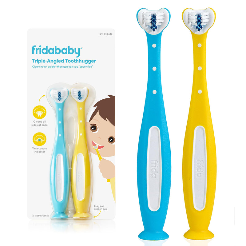 [Australia] - Frida Baby Triple-Angle Toothhugger Training Toddler Toothbrush | Toddler Toothbrush 2 Years and Up, Cleans All Sides at Once | 2 Pack (Yellow + Blue) 1 Count (Pack of 2) Yellow + Blue 