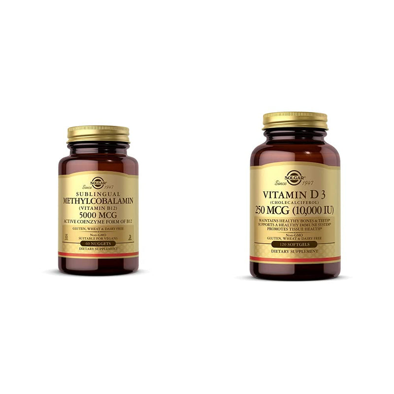 Solgar Methylcobalamin (Vitamin B12) 5000 mcg, 60 Nuggets - Supports Energy Metabolism - Body-Ready, with Vitamin D3 (Cholecalciferol) 250 MCG (10,000 IU), 120 Softgels - Helps Maintain Healthy Bones