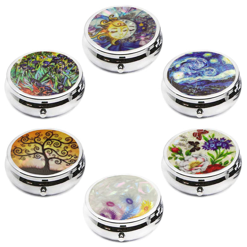 6Pcs Elegant Pill Box Case, Portable Medicine Holder | Tablet Vitamin Organizer with 3 Component for Purse Pocket Travel - Practical & Fashionable(6 Patterns, 1.6Inches) Style 2