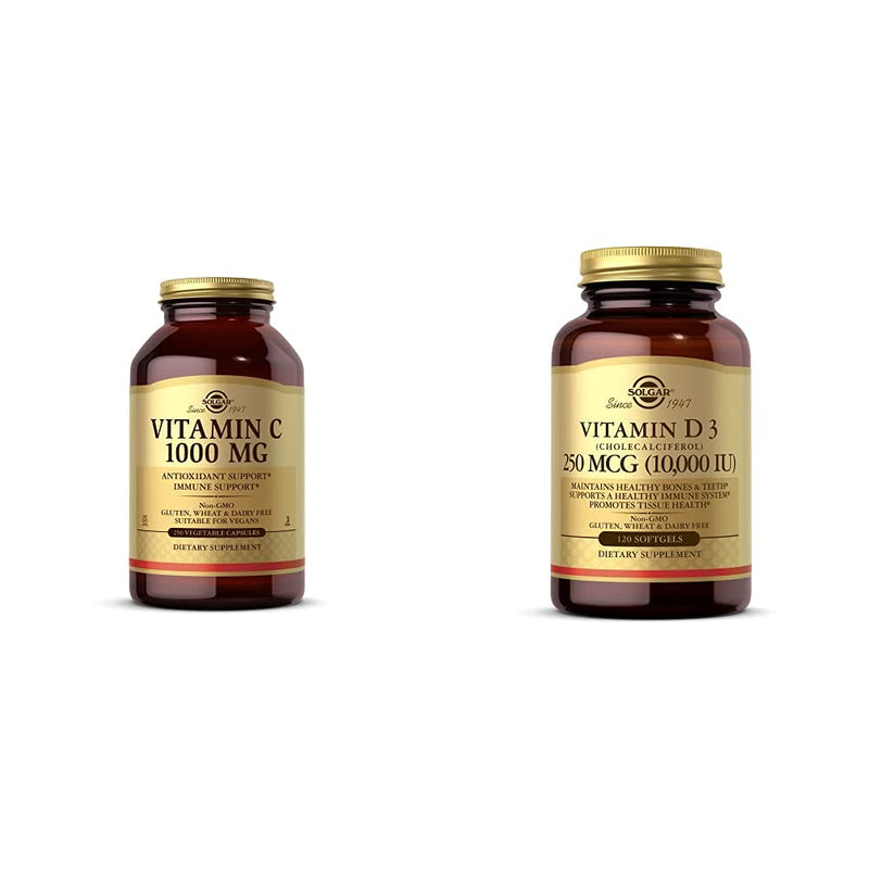 Solgar Vitamin C 1000 mg, 250 Vegetable Capsules - Antioxidant & Immune Support - Overall Health - H with Vitamin D3 (Cholecalciferol) 250 MCG (10,000 IU), 120 Softgels - Helps Maintain Healthy Bones