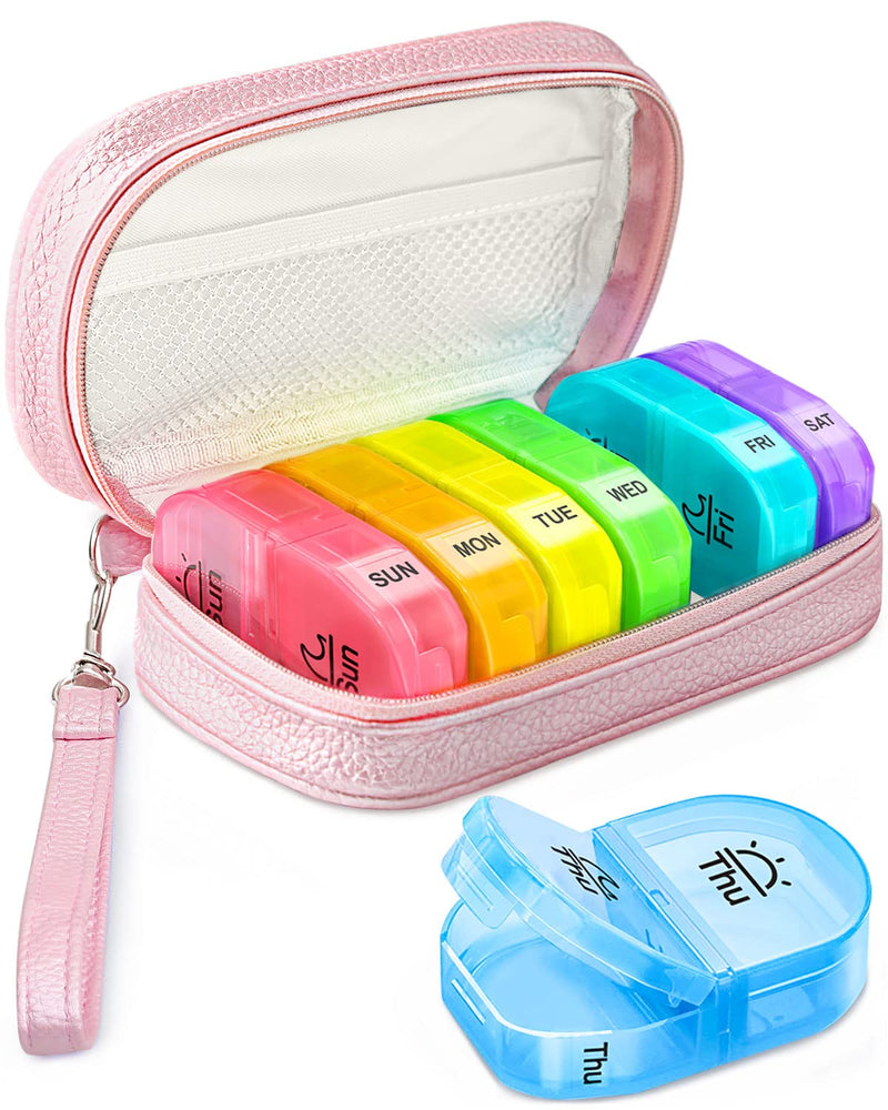 [Australia] - Cute Pill Organizer 2 Times a Day, PU Leather Pill Case for Women, Portable Weekly Pill Box for Purse with Storage Bag to Hold Vitamins/Medications/Fish Oils/Supplements, Pink 01-pink 