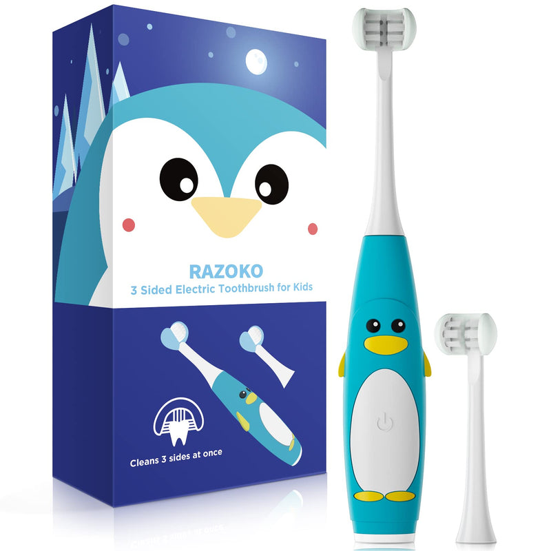 [Australia] - RAZOKO Kids Electric Toothbrush 3 Sided Toothbrush,Sonic Toddler Toothbrush with 2 Brush Heads, Intelligent Timer 5 Gears Adjustment,Ipx7 Waterproof,USB Cable 