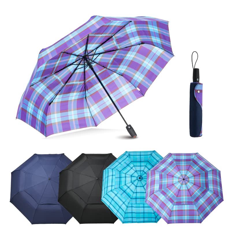 Edinburgh Large Windproof Travel Umbrella - Wind Resistant, Automatic, Strong Build to Last Steel and Fiberglass Rib, Umbrellas for Rain for Men and Women - 54 Inch Double Vented Canopy Big Enough To Fit In 2 Adults - Auto Open Close Purple Plaid