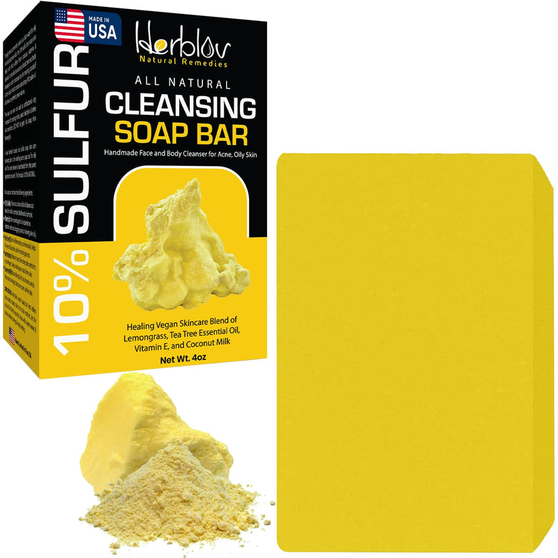 Cleansing 10% Sulfur Soap Bar for Face & Body – Natural Shine Control Facial Cleanser for Acne, Oily Skin – Made in USA Healing Skincare Wash with Lemongrass, Tea Tree Oil, Vitamin E, Coconut Milk 4 Ounce (Pack of 1)