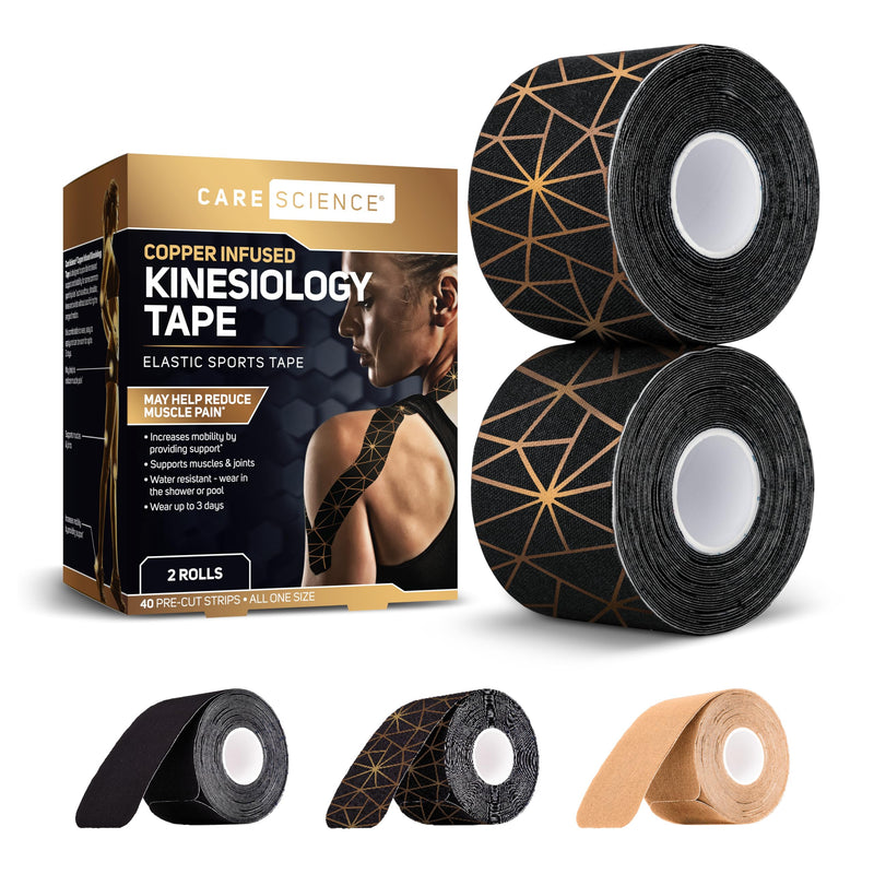 [Australia] - Care Science Waterproof Kinesiology Tape, 40 ct Precut Strips (2 Rolls), Copper Infused | Water Resistant Strips, Elastic Athletic Tape for Sports & Weightlifting, Muscle Strain Relief & Joint Support 