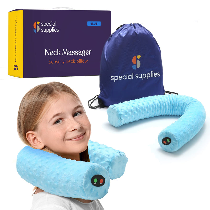 [Australia] - Special Supplies Sensory Vibrating Neck Pillow for Kids and Adults Plush Velvet Soft Cover with Textured Therapy Stimulation, Mind and Body Calming Relaxation - Blue 