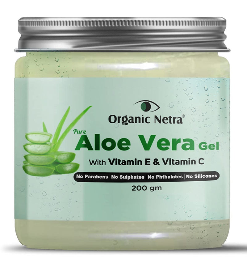 Organic Netra Pure Aloe Vera Gel With Vitamin C & E | Cold Pressed | For Skin, Face, Hair | Paraben Free | Sulphate Free - 200 gm